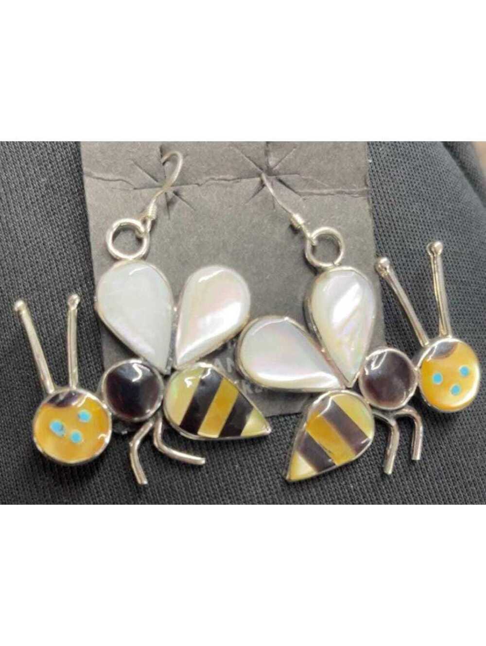 Zuni cluster turquoise onyx mother of pearl bee sterling silver inlay earrings